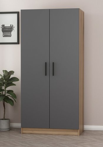 FUNZI LIVING 190 garderobeskap, m. 2 drer, 1 hylle, 2 henger - antrasittgr/eikfarget melamin