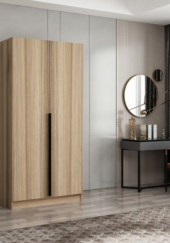 FUNZI LIVING Plus 210 garderobeskap, m. 2 drer, 1 hylle, 2 hengerstenger - eikefarget melamin