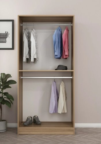 FUNZI LIVING Plus 210 garderobeskap, m. 2 drer, 1 hylle, 2 hengerstenger - eikefarget melamin