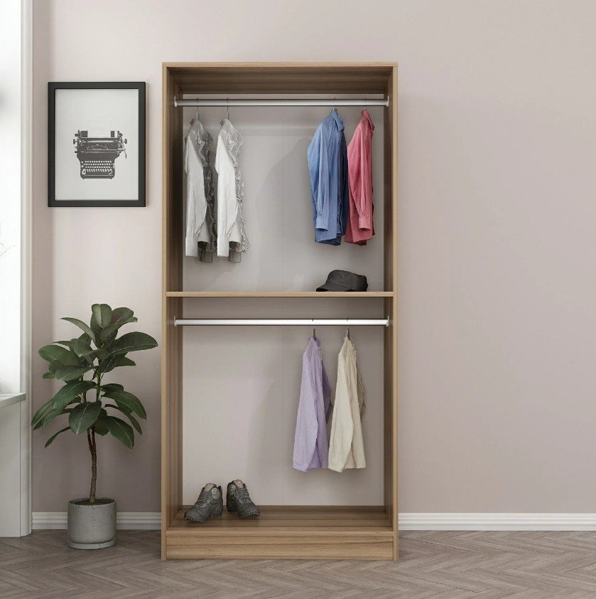 FUNZI LIVING Plus 210 garderobeskap, m. 2 drer, 1 hylle, 2 hengerstenger - eikefarget melamin