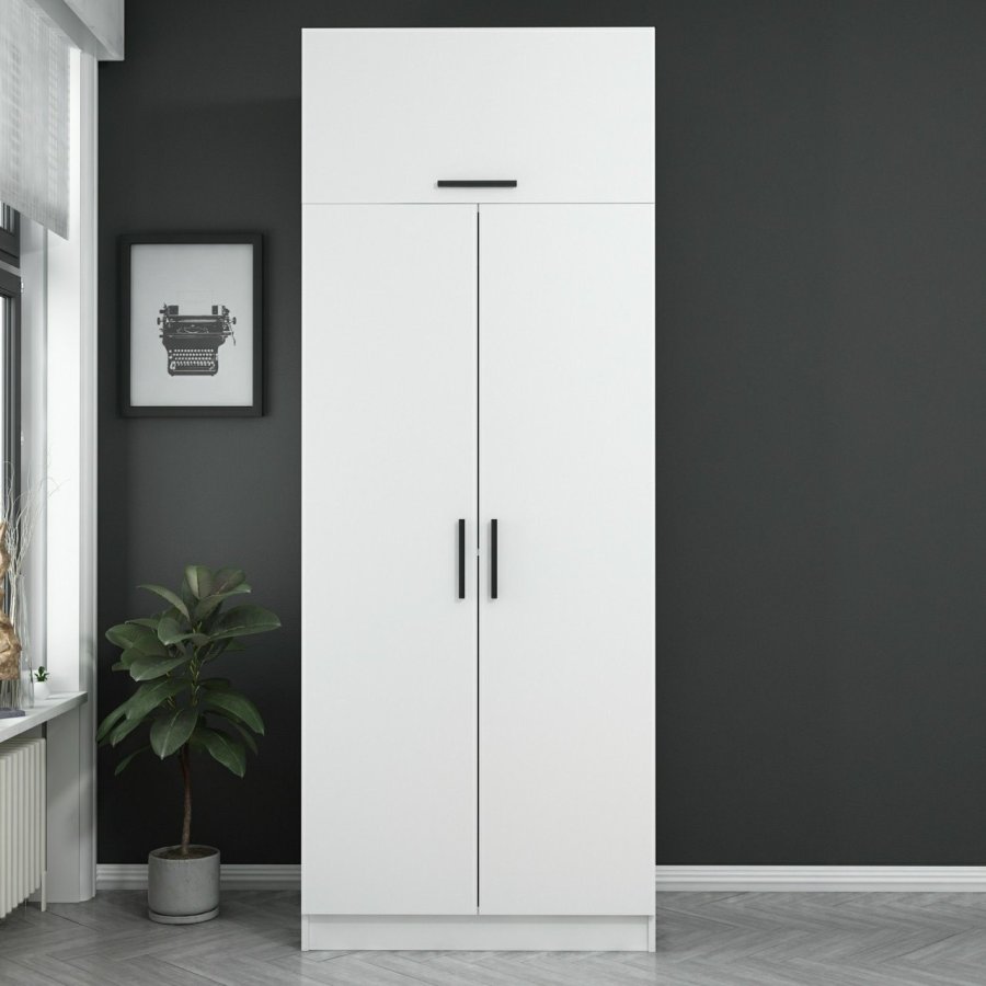 FUNZI LIVING 2220 garderobe, m. 3 drer, 1 hylle, 2 hengerstenger, 1 rom - hvit melamin