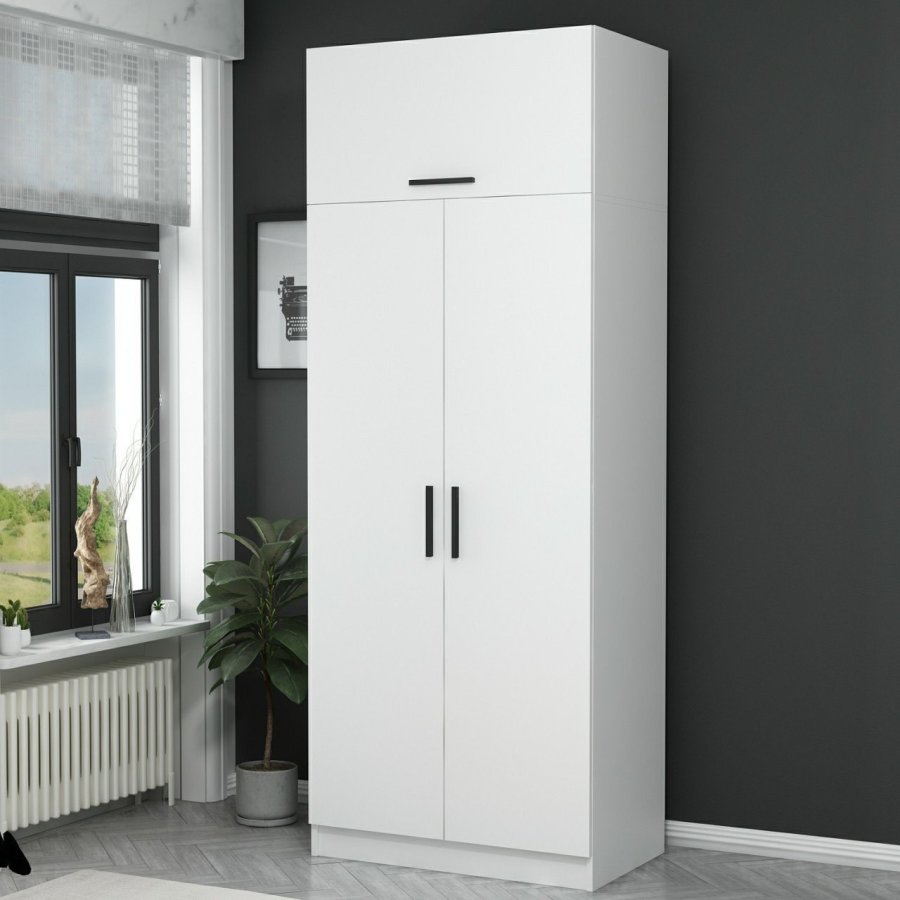 FUNZI LIVING 2220 garderobe, m. 3 drer, 1 hylle, 2 hengerstenger, 1 rom - hvit melamin