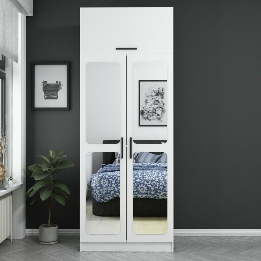 FUNZI LIVING 2221 garderobe, m speil, 3 drer, 1 hylle, 2 henger, 1 rom - hvit melamin.