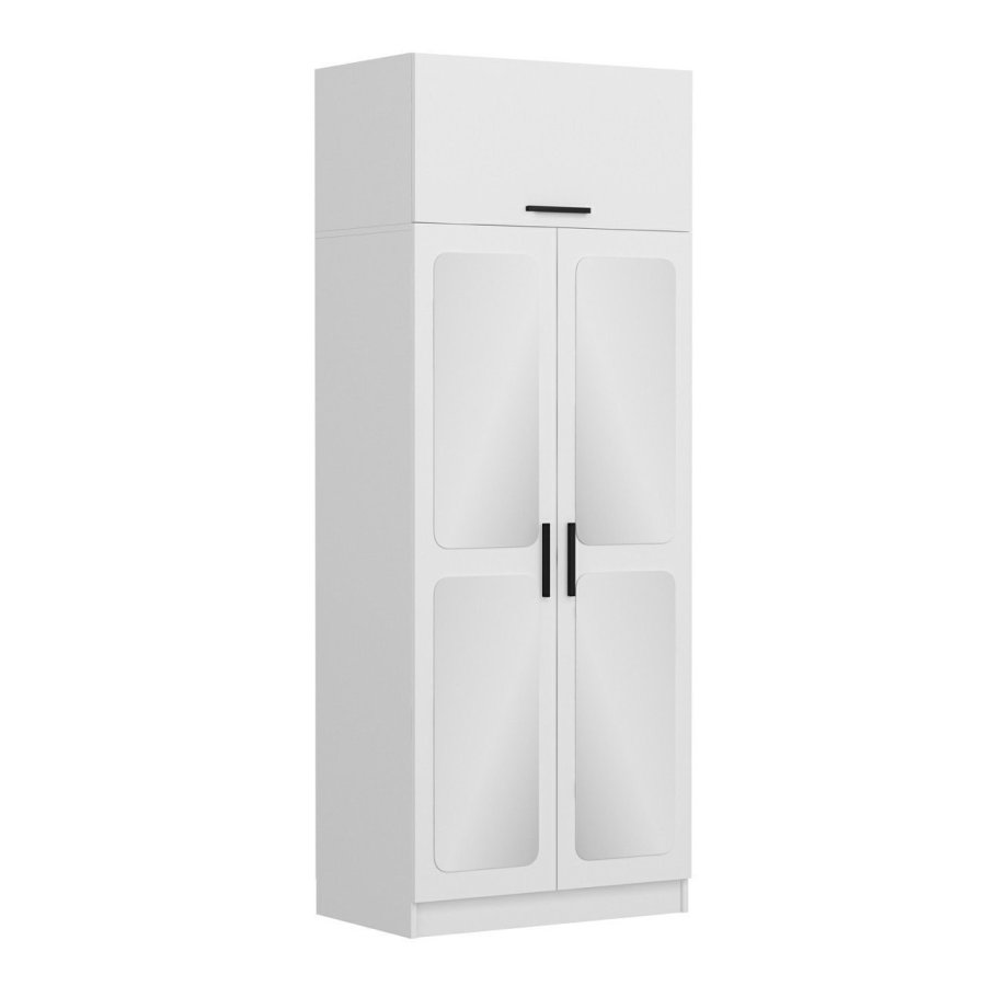 FUNZI LIVING 2221 garderobe, m speil, 3 drer, 1 hylle, 2 henger, 1 rom - hvit melamin.