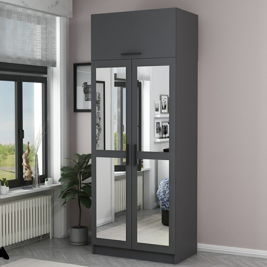 FUNZI LIVING 2223 garderobeskap, m speil, 3 drer, 1 hylle, 2 henger, 1 rom - antrasittgr.