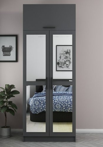 FUNZI LIVING 2223 garderobeskap, m speil, 3 drer, 1 hylle, 2 henger, 1 rom - antrasittgr.