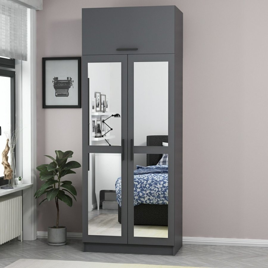 FUNZI LIVING 2223 garderobeskap, m speil, 3 drer, 1 hylle, 2 henger, 1 rom - antrasittgr.