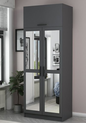 FUNZI LIVING 2224 garderobeskap, m speil, 3 drer, 1 hylle, 2 henger, 1 rom - antrasittgr.