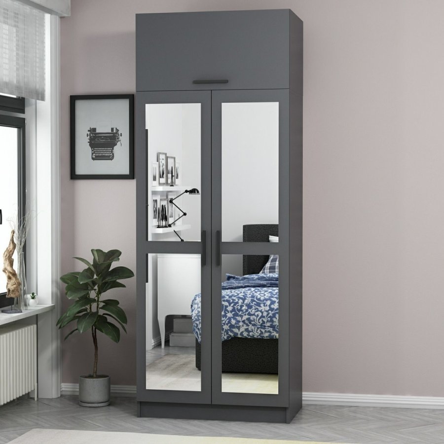 FUNZI LIVING 2224 garderobeskap, m speil, 3 drer, 1 hylle, 2 henger, 1 rom - antrasittgr.