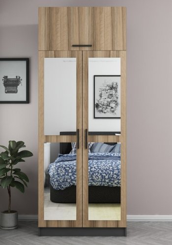 FUNZI LIVING 2225 garderobeskap, m speil, 3 drer, 1 hylle, 2 henger, 1 rom - eikefarget.