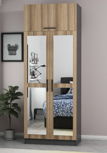 FUNZI LIVING 2225 garderobeskap, m speil, 3 drer, 1 hylle, 2 henger, 1 rom - eikefarget.