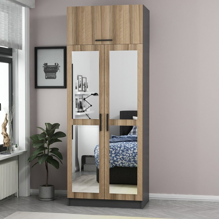 FUNZI LIVING 2226 garderobe, m speil, 3 drer, 1 hylle, 2 henger, 1 rom - eikefarget.