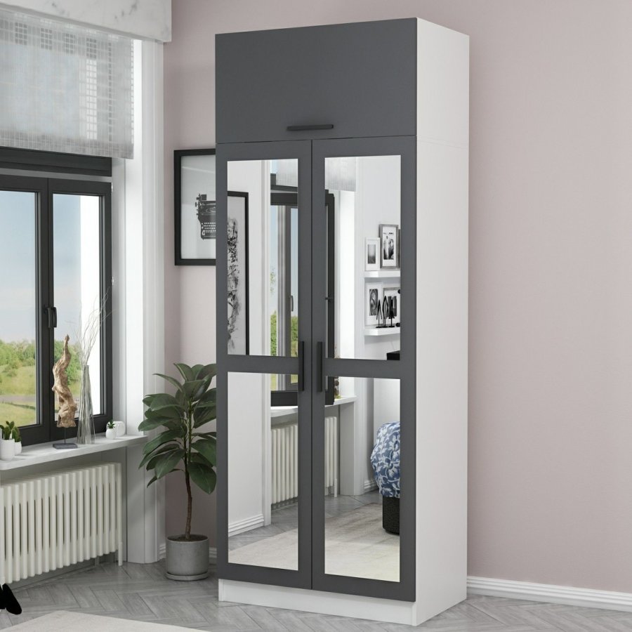 FUNZI LIVING 2227 garderobe, m speil, 3 drer, 1 hylle, 2 henger, 1 rom - antrasittgr.