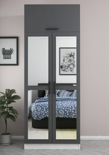 FUNZI LIVING 2228 garderobeskap, m speil, 3 drer, 1 hylle, 2 henger, 1 rom - antrasittgr.