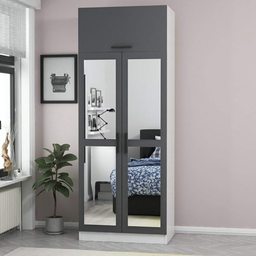 FUNZI LIVING 2228 garderobeskap, m speil, 3 drer, 1 hylle, 2 henger, 1 rom - antrasittgr.