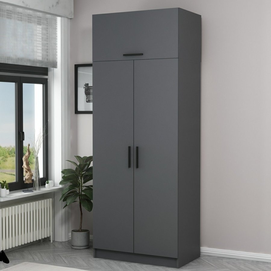 FUNZI LIVING 2229 garderobeskap, m. 3 drer, 1 hylle, 2 henger, 1 rom - antrasittgr melamin