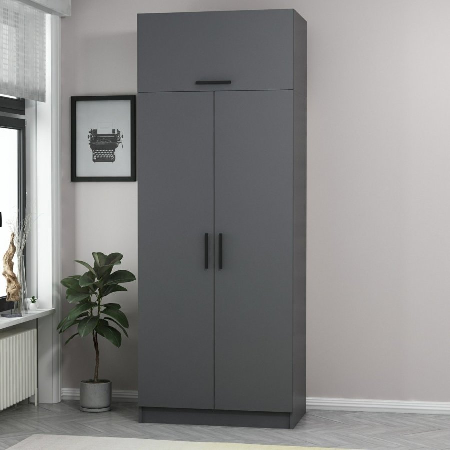 FUNZI LIVING 2229 garderobeskap, m. 3 drer, 1 hylle, 2 henger, 1 rom - antrasittgr melamin