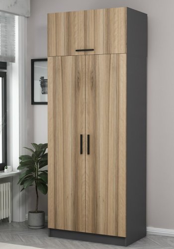 FUNZI LIVING 2231 garderobeskap, m. 3 drer, 1 hylle, 2 henger, 1 rom - eikefarget/antrasittgr