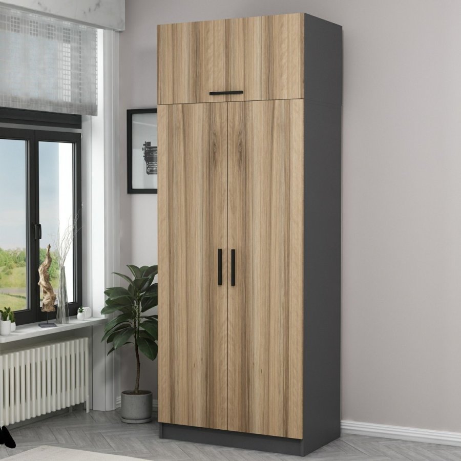 FUNZI LIVING 2231 garderobeskap, m. 3 drer, 1 hylle, 2 henger, 1 rom - eikefarget/antrasittgr