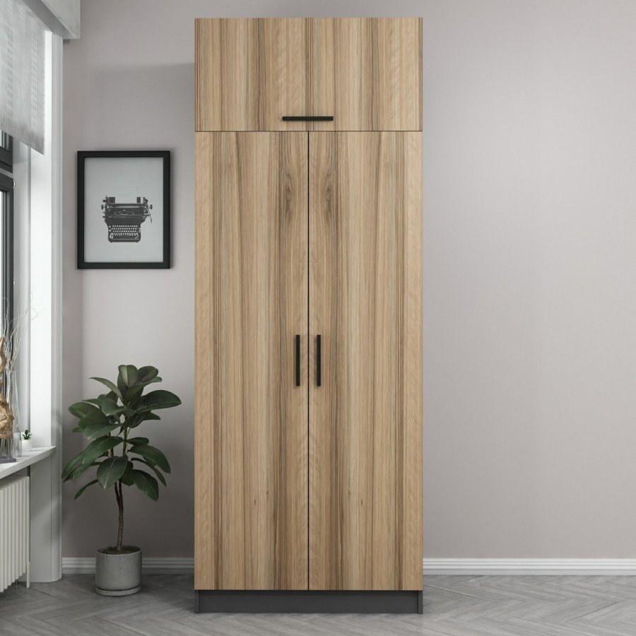 FUNZI LIVING 2231 garderobeskap, m. 3 drer, 1 hylle, 2 henger, 1 rom - eikefarget/antrasittgr