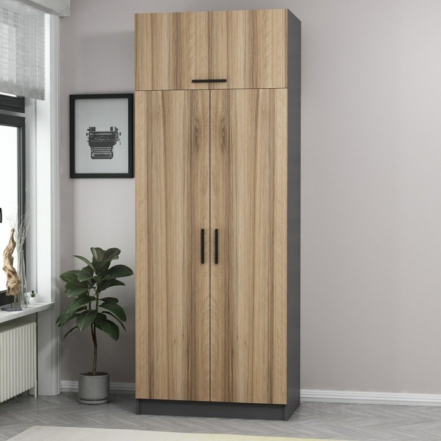 FUNZI LIVING 2231 garderobeskap, m. 3 drer, 1 hylle, 2 henger, 1 rom - eikefarget/antrasittgr