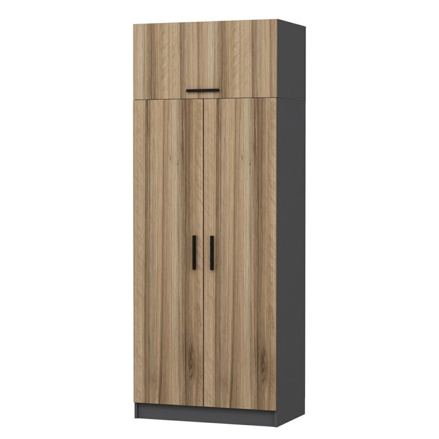 FUNZI LIVING 2232 garderobeskap, m. 3 drer, 1 hylle, 2 henger, 1 rom - eikefarget/antrasittgr