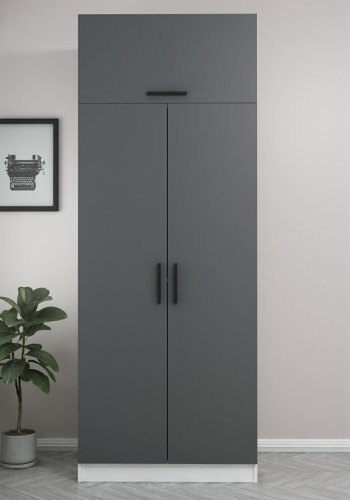 FUNZI LIVING 2233 garderobeskap, m. 3 drer, 1 hylle, 2 hengestenger, 1 rom - antrasittgr og hvit