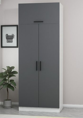 FUNZI LIVING 2233 garderobeskap, m. 3 drer, 1 hylle, 2 hengestenger, 1 rom - antrasittgr og hvit