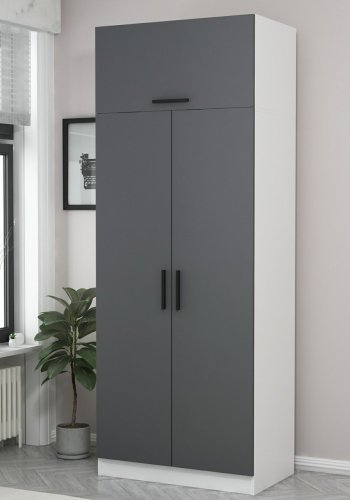 FUNZI LIVING 2234 garderobeskap, m. 3 drer, 1 hylle, 2 hengestenger, 1 rom - antrasittgr og hvit