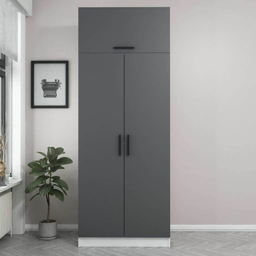 FUNZI LIVING 2234 garderobeskap, m. 3 drer, 1 hylle, 2 hengestenger, 1 rom - antrasittgr og hvit