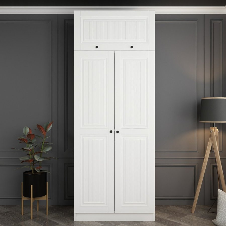 FUNZI LIVING 2235 garderobeskap, m. 3 drer, 1 hylle, 2 hengerstenger, 1 rom - hvit melamin