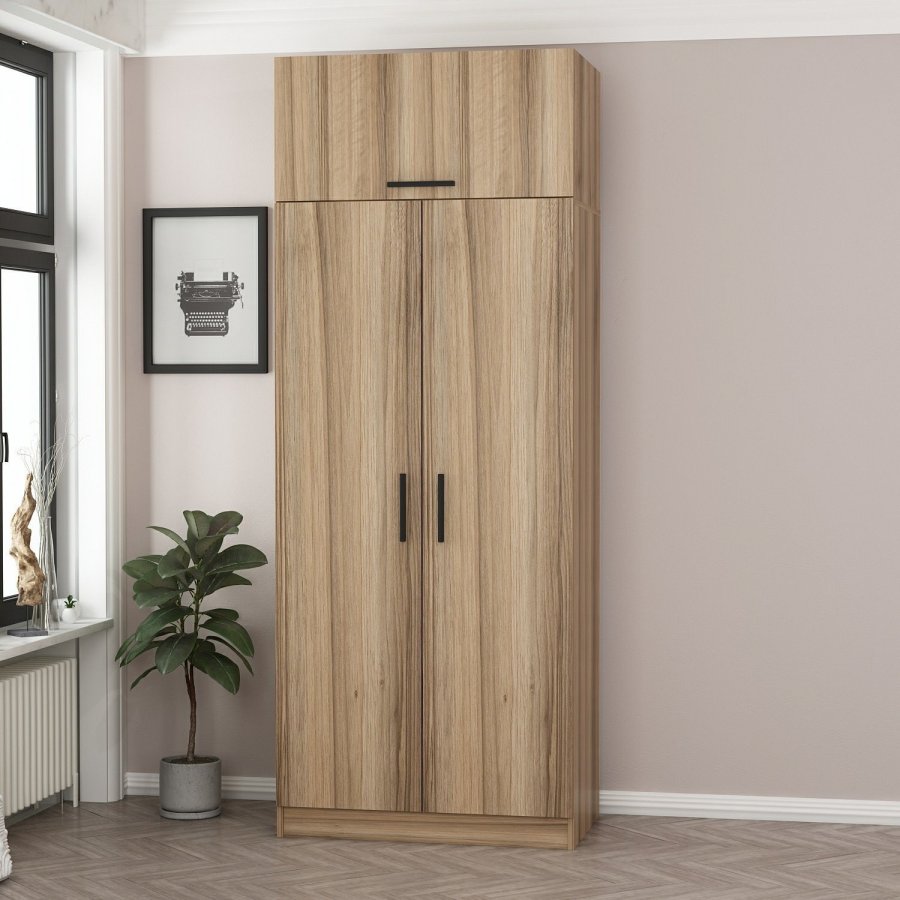 FUNZI LIVING 2237 garderobeskap, m. 3 drer, 1 hylle, 2 henger, 1 rom - eikefarget melamin