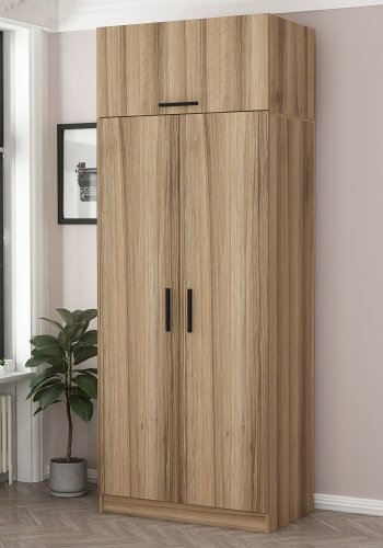 FUNZI LIVING 2238 garderobeskap, m. 3 drer, 1 hylle, 2 henger, 1 rom - eikefarget melamin