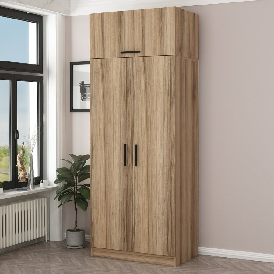 FUNZI LIVING 2238 garderobeskap, m. 3 drer, 1 hylle, 2 henger, 1 rom - eikefarget melamin