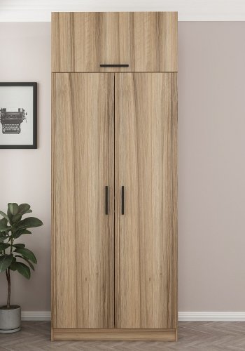 FUNZI LIVING 2238 garderobeskap, m. 3 drer, 1 hylle, 2 henger, 1 rom - eikefarget melamin