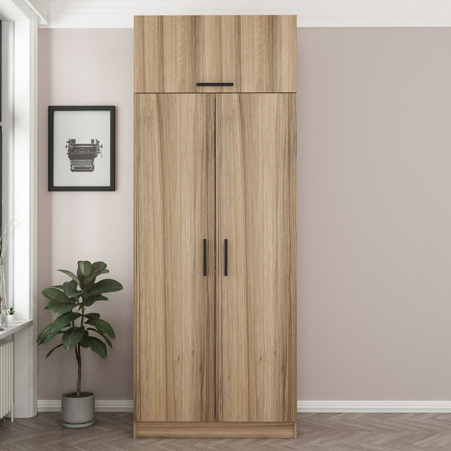 FUNZI LIVING 2238 garderobeskap, m. 3 drer, 1 hylle, 2 henger, 1 rom - eikefarget melamin