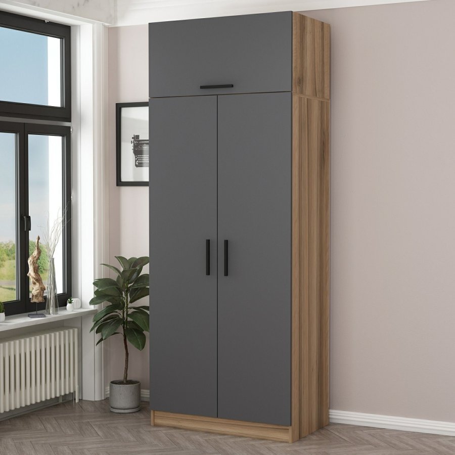 FUNZI LIVING 2239 garderobeskap, m. 3 drer, 1 hylle, 1 rom - antrasittgr og brun melamin