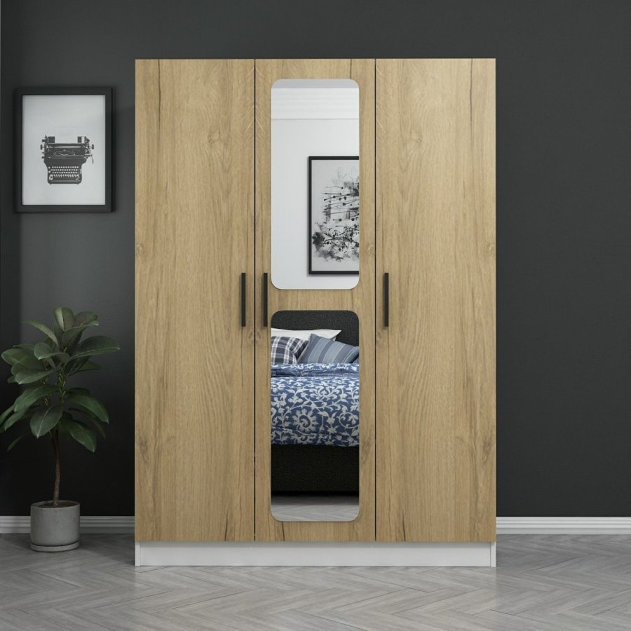 FUNZI LIVING 2246 garderobeskap, speil, 3 drer, 1 hengestang, 2 skuffer, 4 hyller - valntt