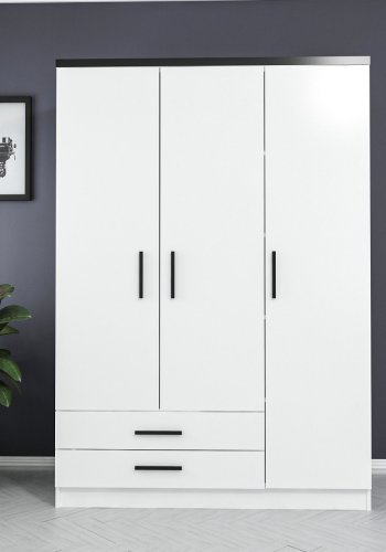 FUNZI LIVING 2248 garderobeskap, m. 3 drer, 1 hengestang, 2 skuffer, 4 hyller - hvit melamin