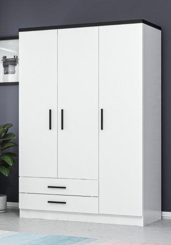 FUNZI LIVING 2248 garderobeskap, m. 3 drer, 1 hengestang, 2 skuffer, 4 hyller - hvit melamin