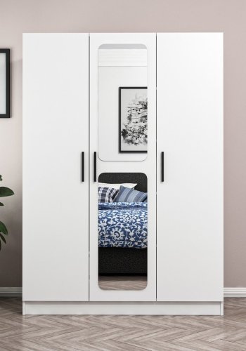 FUNZI LIVING 2251 garderobeskap, m speil, 3 drer, 1 opphengsstang, 2 skuffer, 4 hyller - hvit melamin.