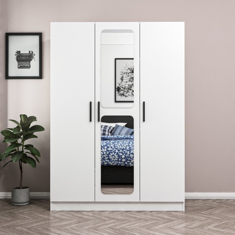 FUNZI LIVING 2251 garderobeskap, m speil, 3 drer, 1 opphengsstang, 2 skuffer, 4 hyller - hvit melamin.