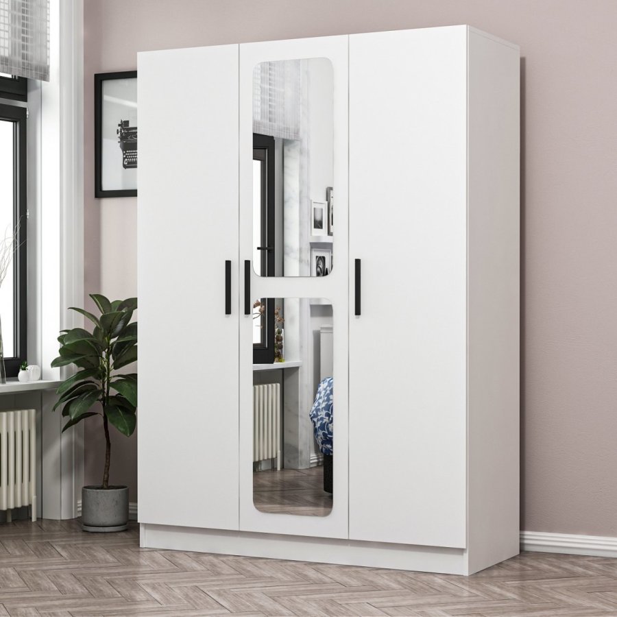 FUNZI LIVING 2251 garderobeskap, m speil, 3 drer, 1 opphengsstang, 2 skuffer, 4 hyller - hvit melamin.