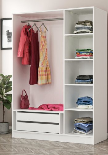 FUNZI LIVING 2252 garderobeskap, m speil, 3 drer, 1 hengestang, 2 skuffer, 4 hyller - hvit melamin