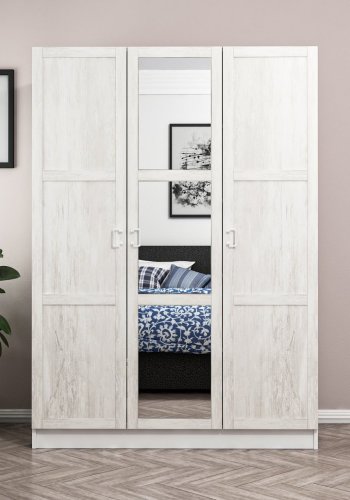 FUNZI LIVING 2255 garderobeskap, speil, 3 drer, 1 hengestang, 2 skuffer, 4 hyller - antikk hvit/hvit