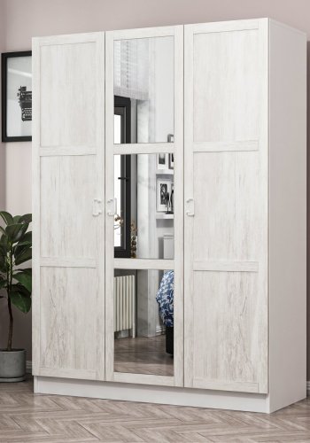 FUNZI LIVING 2255 garderobeskap, speil, 3 drer, 1 hengestang, 2 skuffer, 4 hyller - antikk hvit/hvit