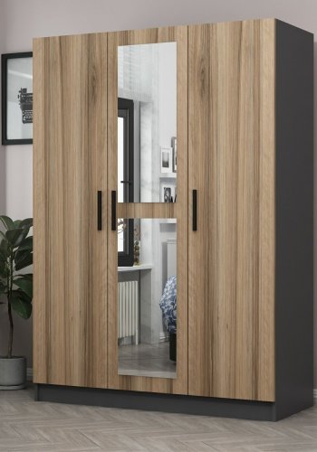 FUNZI LIVING 2261 garderobeskap, speil, 3 drer, hengestang, 2 skuffer, hyller - antrasitt/eik