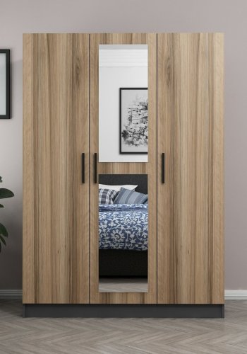 FUNZI LIVING 2261 garderobeskap, speil, 3 drer, hengestang, 2 skuffer, hyller - antrasitt/eik