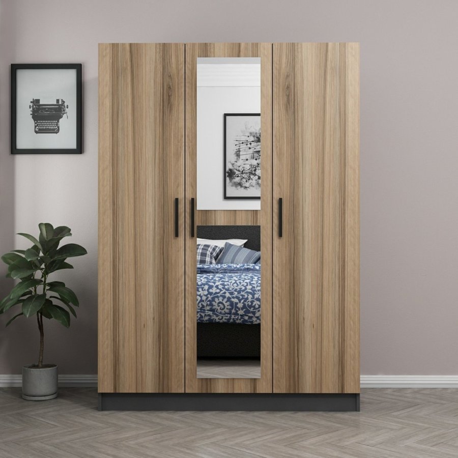 FUNZI LIVING 2261 garderobeskap, speil, 3 drer, hengestang, 2 skuffer, hyller - antrasitt/eik