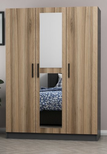 FUNZI LIVING 2262 garderobeskap, speil, 3 drer, hengestang, 2 skuffer, hyller - antrasitt/eik